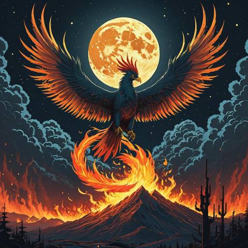 Phoenix Rising from Volcanic Flames under Full Moon