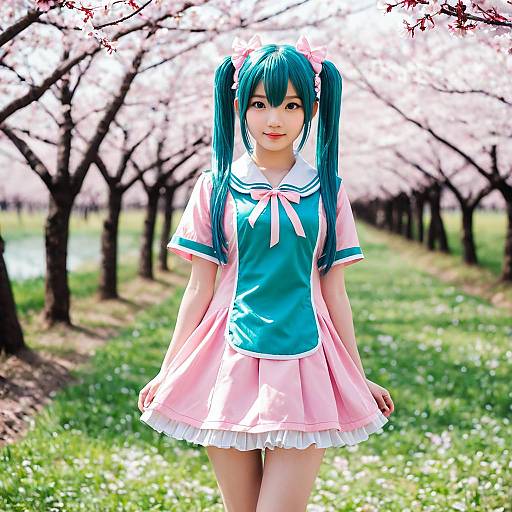 Anime-Inspired Girl in Pink Dress Among Cherry Blossoms