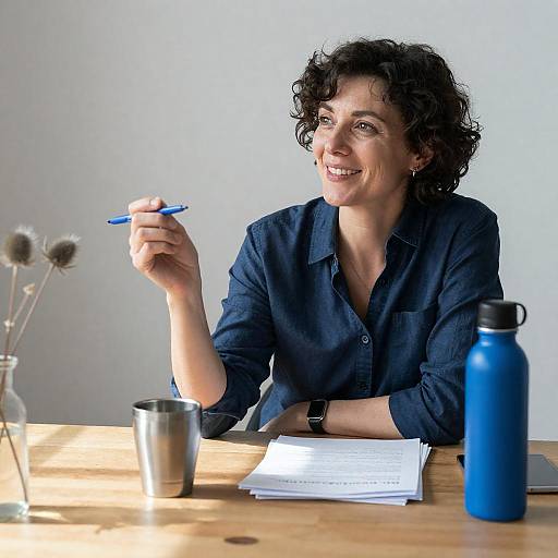 Smiling Woman at Wooden Table Scene