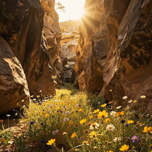 Sunlit Canyon with Wildflowers