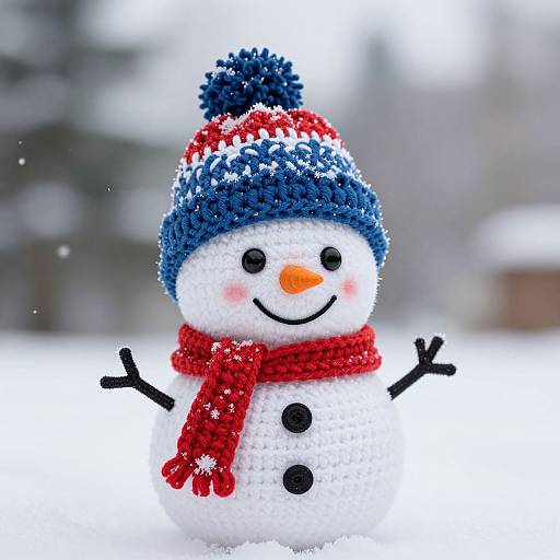 Photograph of a cheerful, knitted snowman with a blue and red hat, red scarf, orange nose, black buttons, and stick arms,