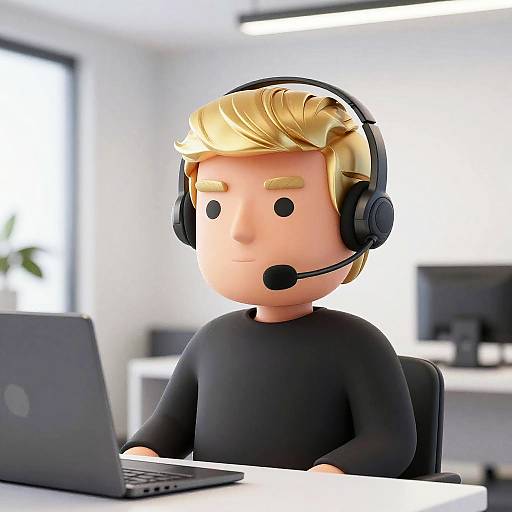 CGI image of a cartoon blonde man with large black headphones and a headset, wearing a black shirt, working on a laptop in a bright office.