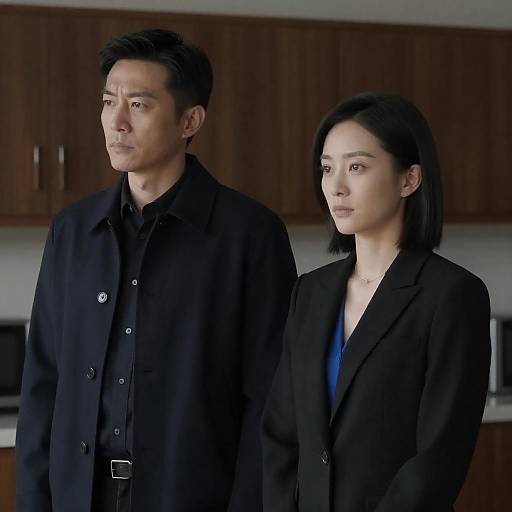 Serious man and woman standing indoors