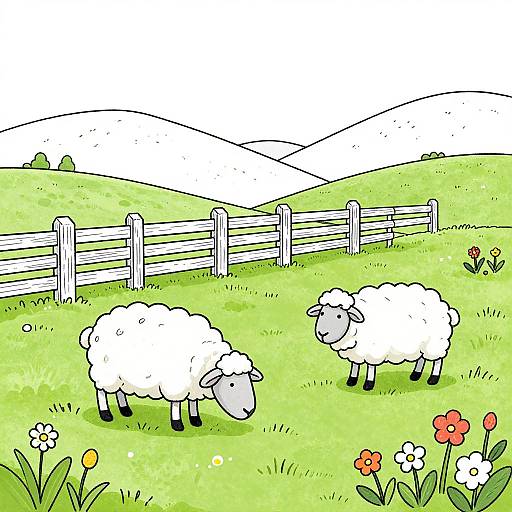 Cartoon-style illustration of two fluffy white sheep grazing on bright green grass beside a white wooden fence in a sunny, hilly countryside with colorful flowers in