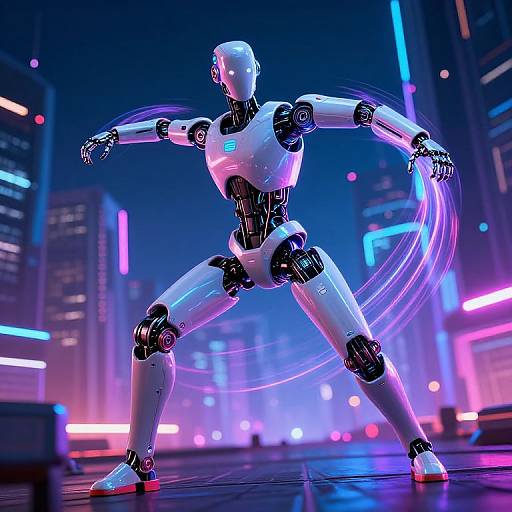 CGI image of a white robotic humanoid dancing in a neon-lit, futuristic cityscape, with glowing blue and pink lights.