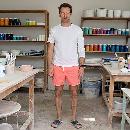 Photograph of a casual, fit man with short dark hair, white long-sleeve shirt, coral shorts, and sandals, standing in a colorful