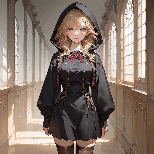 Anime Style Girl in Black Hooded Uniform