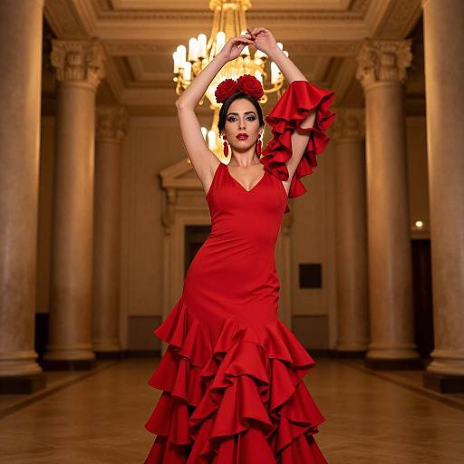 Photograph of a dark-haired woman in a vibrant red, ruffled Flamenco dress, posing dramatically in an elegant, dimly-lit ballroom