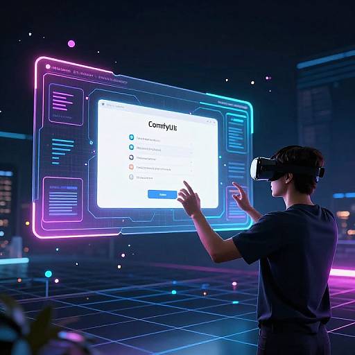 Photograph of a man in a black shirt and VR headset, interacting with a glowing, neon-lit digital interface in a futuristic, dark cityscape