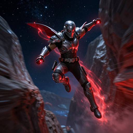 Digital art of a metallic superhero with glowing red energy wings and fists, leaping through a starry, rocky canyon at night.