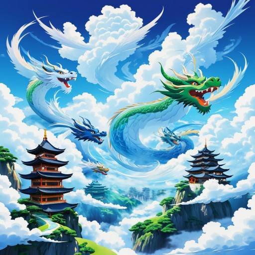Majestic Anime Dragons Soaring Over Pagodas