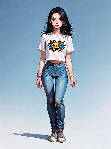 Young Woman in Graphic T-Shirt and Denim Jeans