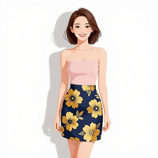 Digital illustration of a smiling Asian woman with short brown hair, wearing a pink strapless top and a navy skirt with yellow floral patterns, standing against a