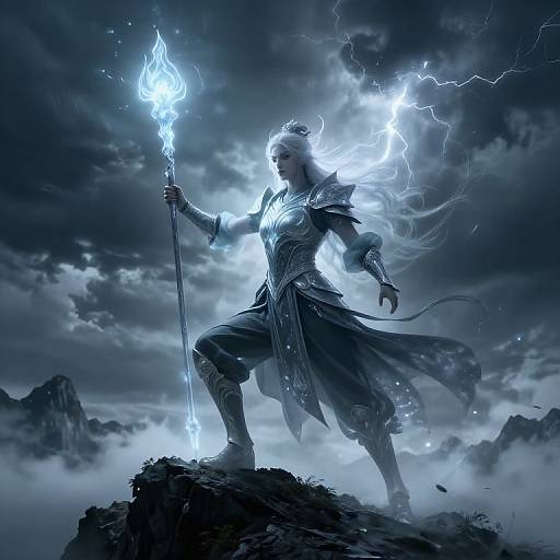 Digital fantasy artwork of a glowing, blue-haired warrior with lightning aura, wielding a flaming staff, standing on a rocky peak.
