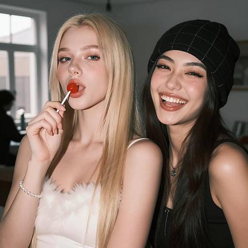 Dimly Lit Room with Playful Women