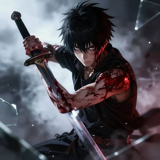 Digital anime artwork of a blood-covered, intense young man with spiky black hair, wielding a sword against a glowing white and dark background.