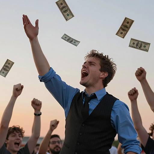 Excited Male Performer with Money Flying