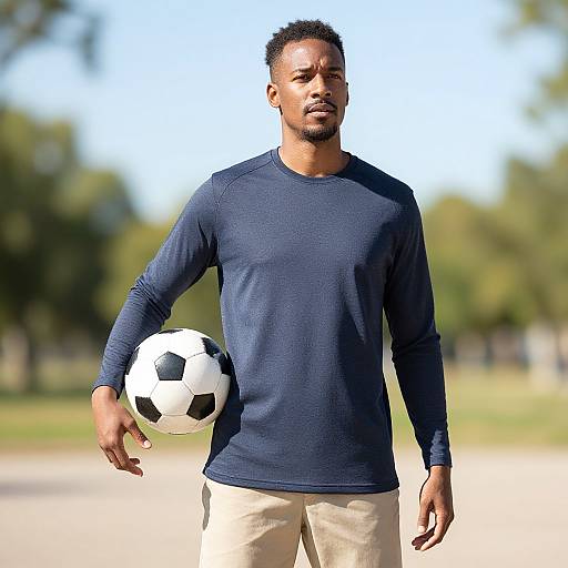 Photograph of a muscular Black man with short curly hair, wearing a navy long-sleeve shirt and beige pants, holding a soccer ball on a