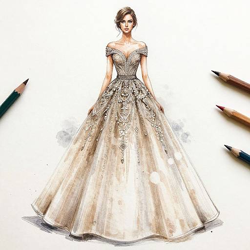 Digital illustration of a elegant woman in an off-shoulder, intricately embroidered, ivory ball gown with a full, flowing skirt. Background features three