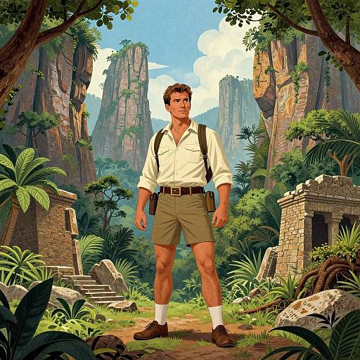 Digitally drawn image of a muscular man in white shirt, brown shorts, and backpack standing in lush jungle with ancient ruins and towering cliffs.