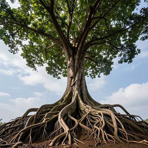 Photograph of a large, ancient tree with thick, sprawling roots and dense green leaves against a bright blue sky with scattered clouds.