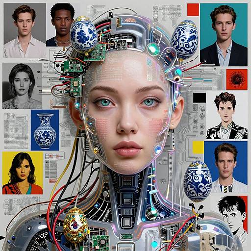 Digital collage: central cyberpunk female face with robotic elements, surrounded by varied portraits of men, circuit boards, and colorful squares.