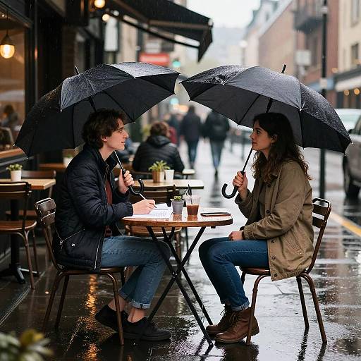 Photograph of two women with black umbrellas sitting at a rainy outdoor cafe, facing each other, dressed in jackets and jeans.