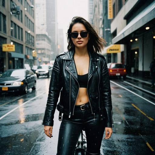 Confident Female Biker on Rainy City Street