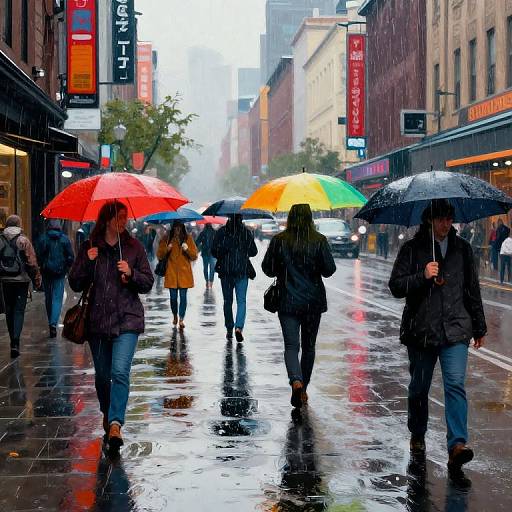 Photograph of a rainy city street, people walking with colorful umbrellas, reflections on wet pavement, storefronts with vertical signs, overcast sky.
