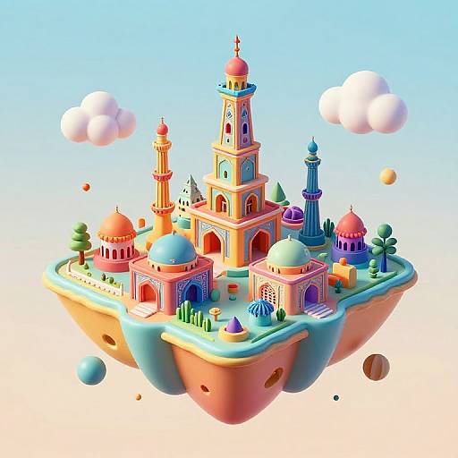 Vibrant, 3D digital illustration of a floating island with colorful, stylized mosques, domes, minarets, and geometric trees