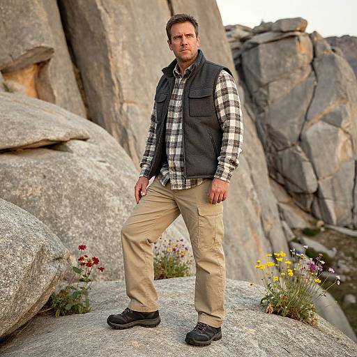 Photograph of a bearded man in a black vest, plaid shirt, and beige pants, standing confidently on rocky terrain with colorful wildflowers.