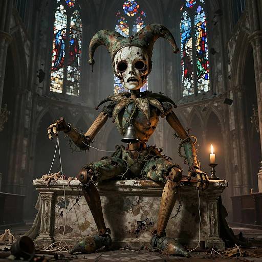 Haunting Plague-Ridden Marionette in Gothic Cathedral