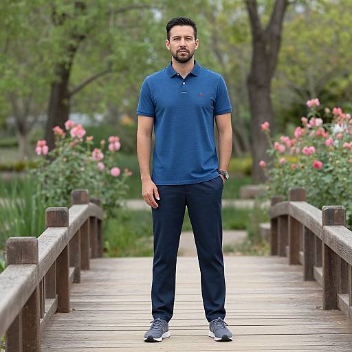 Photograph of a bearded man with short dark hair, wearing a navy polo and black pants, standing on a wooden bridge surrounded by pink roses and