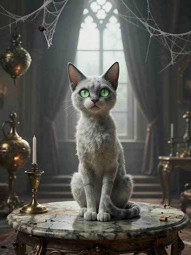 CGI image of a white cat with glowing green eyes, sitting on a marble table in a dimly lit, ornate room with spider webs,
