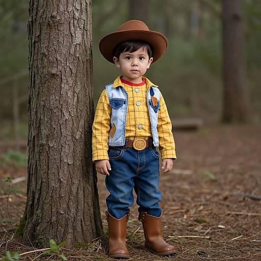 Photograph of a young boy in a cowboy outfit, brown hat, yellow shirt, denim vest, blue jeans, and brown boots, standing against a