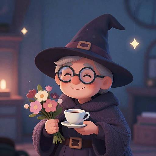 Gentle Witch with Teacup and Bouquet