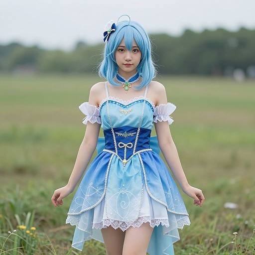 Photograph of an Asian woman with blue bob wig and blue-white frilled dress, standing in a grassy field, wearing a blue ribbon choker