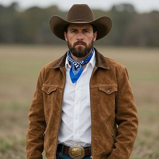 Photograph of a bearded man in a brown cowboy hat, white shirt, blue bandana, brown suede jacket, standing in a field.