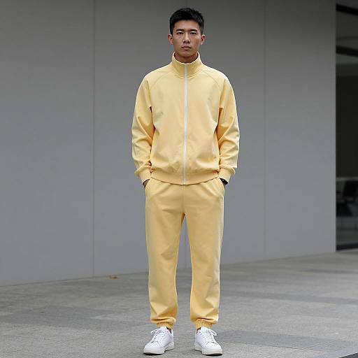 Asian Man in Yellow Tracksuit Standing Outdoors