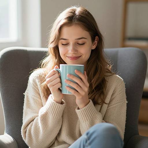 Photograph of a smiling young woman with long brown hair, wearing a beige knitted sweater, holding a light blue mug, sitting in a grey arm