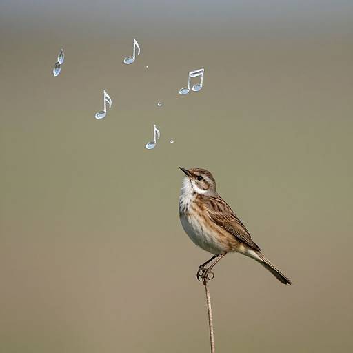 Photograph of a small brown and white bird perched on a thin stick, with musical notes floating above its head against a blurred green and brown background