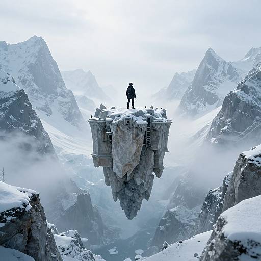 Photorealistic CGI: Silhouetted figure stands on a floating, snow-covered, futuristic structure amidst towering, misty, snow-capped mountains