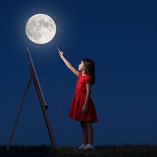 Photograph of a young girl in a red dress, pointing a wand at a full moon on an easel, against a dark blue night sky.