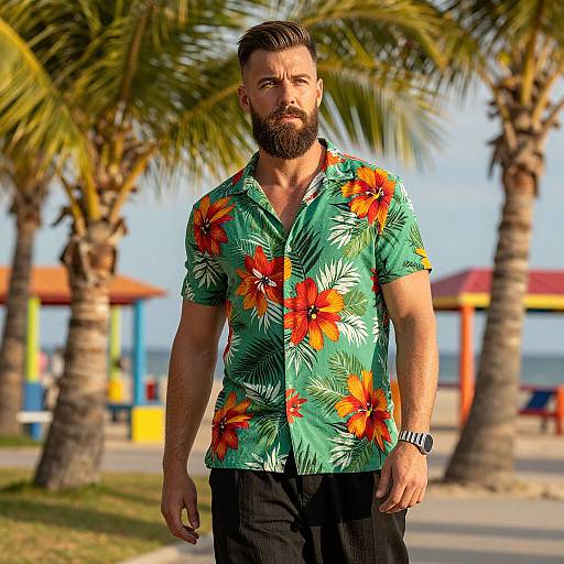 Photograph of a bearded man with a muscular build wearing a vibrant green Hawaiian shirt with orange and red hibiscus patterns, black pants,