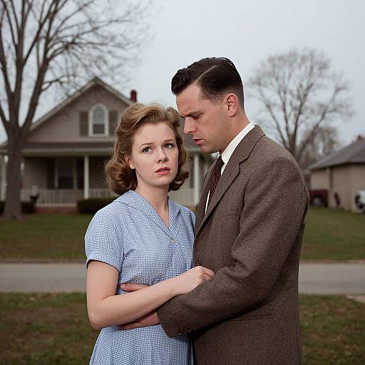Photograph of a 1950s-style couple; man in brown suit, woman in blue checkered dress, standing close, looking serious, suburban