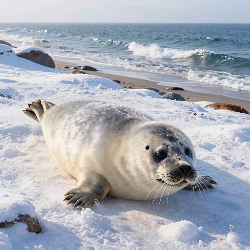 Photograph of a snowy seal lying on a snowy beach with rocky pebbles, ocean waves in the background, and bright sunlight.
