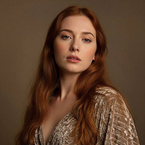 Photograph of a fair-skinned woman with long red hair, wearing a textured, silver-brown velvet top, against a dark brown background. She