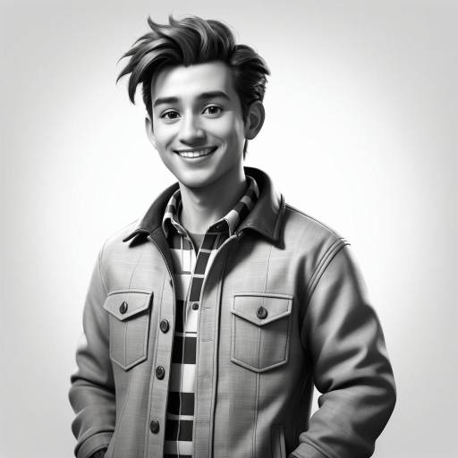 Charming Young Man Cartoon in Grayscale