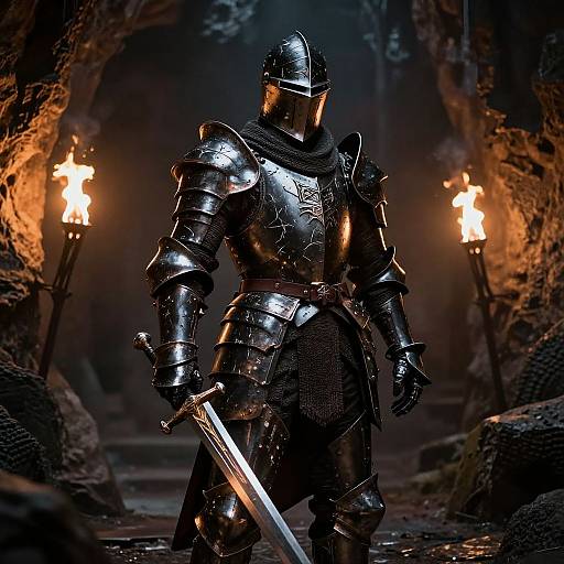 Photorealistic CGI of armored knight in dark forest, lit by torches, holding sword, with detailed metal armor and helmet, standing on rocky path
