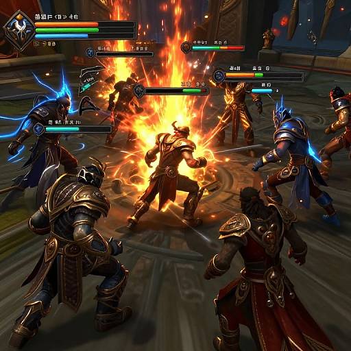 CGI game screenshot of a fiery battlefield, featuring armored warriors with glowing blue and orange energy, surrounded by intense flames, health bars, and Chinese text